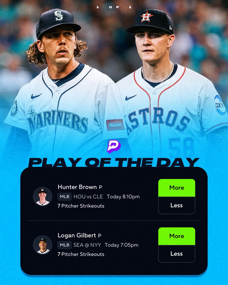 POTD

Logan Gilbert Over 6.5 K’s  #TridentsUp 
Hunter Brown Over 6.5 K’s #BuiltForThis 

Pairs for tacos or lock em in as their own 🔐

#PrizePicks #prizepicksPotd #prizepicksmlb #mlblocks #MLBPicks