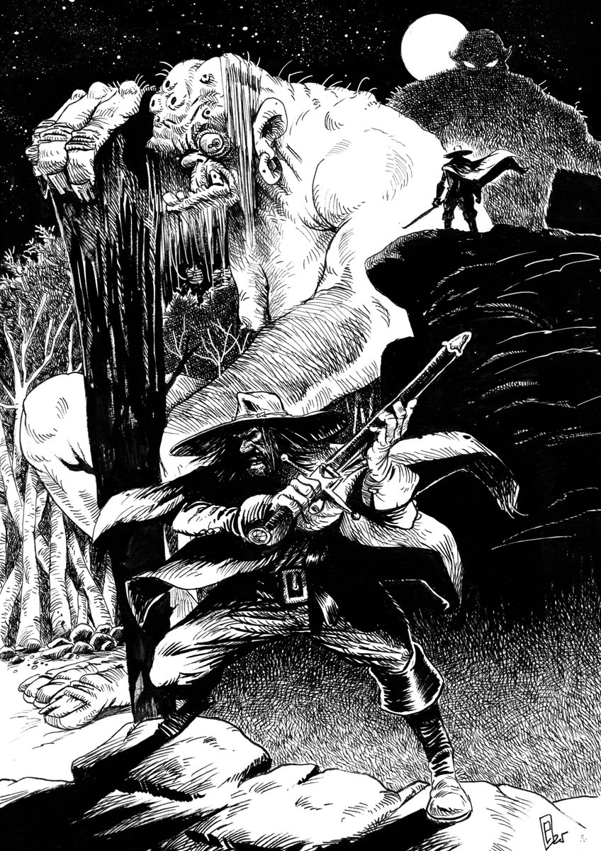 Os dejamos por aquí el segundo original que <a href="/Ernesto_Priego/">Ernest Priego</a> ha dibujado para las recompensas originales de Monstruos Ibéricos 3, a las puertas del Infierno, llamado "Los Monstruos Acechan", un A3 a tintas. Ya lo podéis seguir en vkm.is/monstruosiberi….