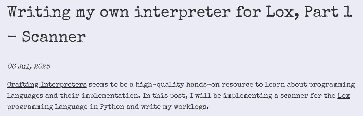 SasankYadati's tweet image. 🚀 Sharing my worklogs for part 1 of interpreter series where I build a Scanner for the Lox language, following along with Crafting Interpreters book
#CompilerDesign #ProgrammingLanguages #CraftingInterpreters