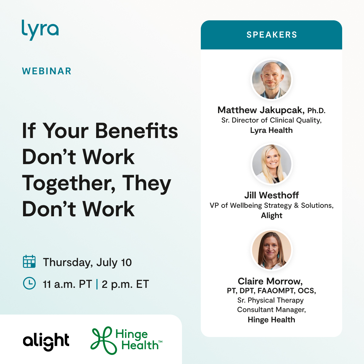 LyraHealth's tweet image. Ready to transform your team’s benefits strategy?  🚀

Join our webinar with @AlightSolutions and @HingeHealth on July 10 to learn how an integrated strategy can reduce spend and drive real results. 

Register now: get.lyrahealth.com/webinar-if-you….

#EmployeeBenefits #WorkplaceWellbeing