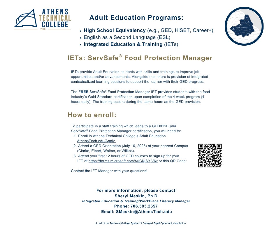 Athens Technical College (@athenstechga) on Twitter photo We're offering a FREE training session for Serv-Safe on our Walton Campus through the Adult Education programs. This event will take place on August 7th. For more information or to register, please contact Sheryl Meskin at SMeskin@AthensTech.edu or 706-583-2657. We're offering a FREE training session for Serv-Safe on our Walton Campus through the Adult Education programs. This event will take place on August 7th. For more information or to register, please contact Sheryl Meskin at SMeskin@AthensTech.edu or 706-583-2657.
