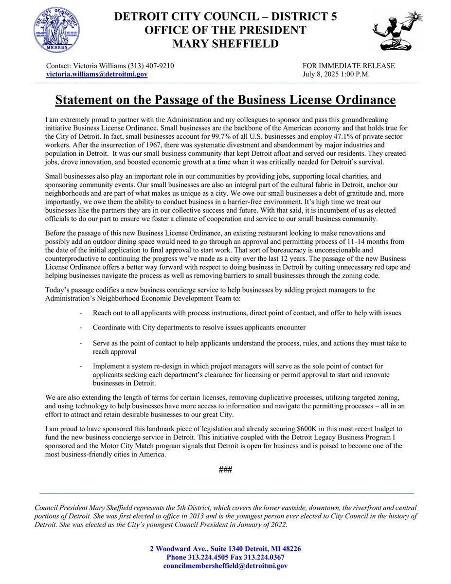 MsMarySheffield's tweet image. Today marks a major step forward in our efforts to support Detroit’s small business community.

I’m honored to have sponsored and helped pass the Business License Ordinance, a reflection of our commitment to creating a more responsive, accessible, and business-friendly city.