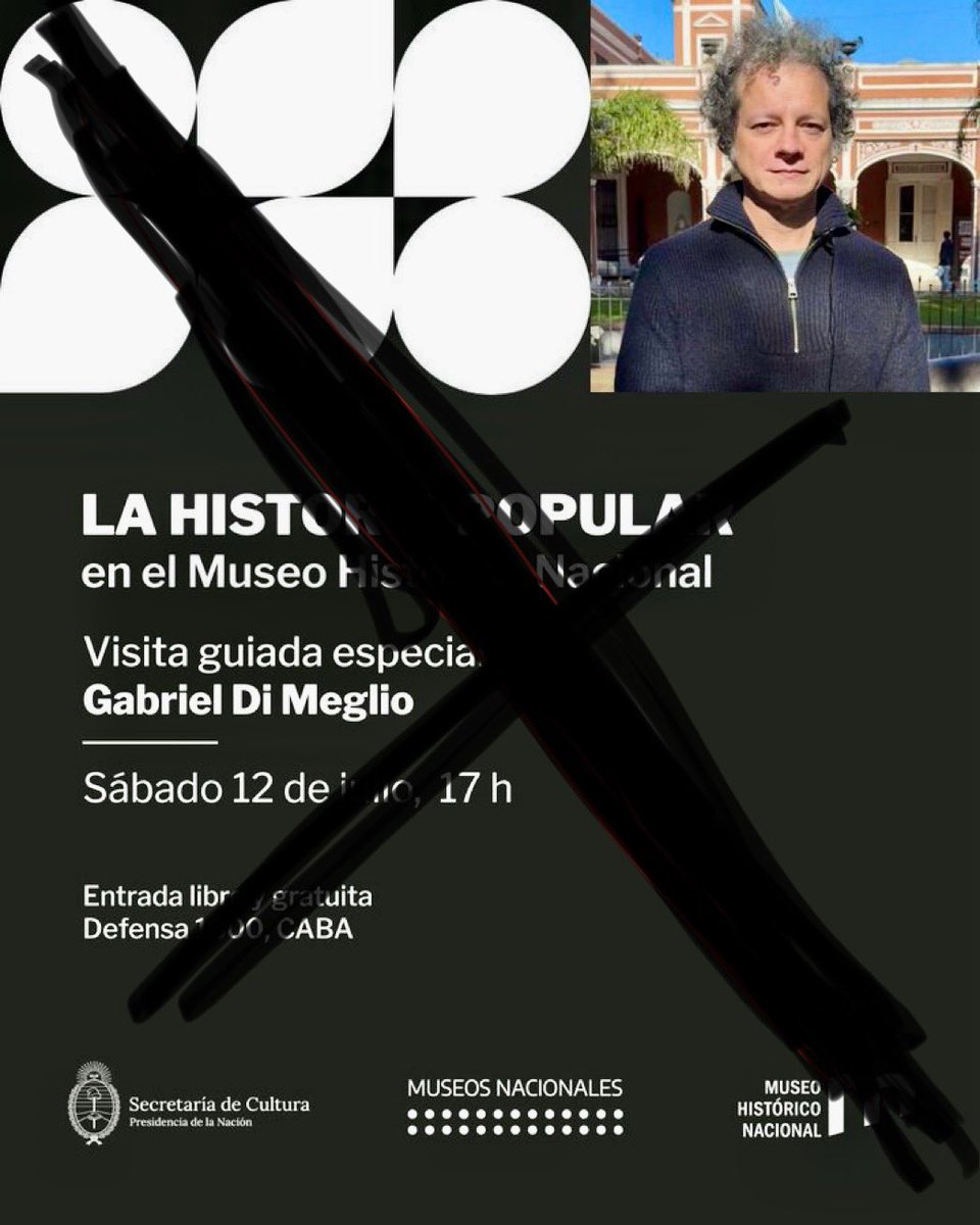 SoyFeudaleM's tweet photo. Me comunican q lo acaban de echar a Gabriel di Meglio del Museo Histórico Nacional desde ahora mismo y por orden de Presidencia para que no de la charla abierta que estaba planificada para el sábado. Un hombre q le dedico su maravillosoa labor a la puesta en valor de la Historia y el Museo. Uno de los q llevó adelante la renovación del MHN y que logró interesar al público con charlas, muestras y visitas guiadas. Gabriel había imaginado a modo de despedida una recorrida por el Parque Lezama q cerraba en el MHN para este sábado. No va a poder ser. Nos quedamos con las ganas de vivir tan agradable momento. Abrazo inmenso @gabrieldimeglio