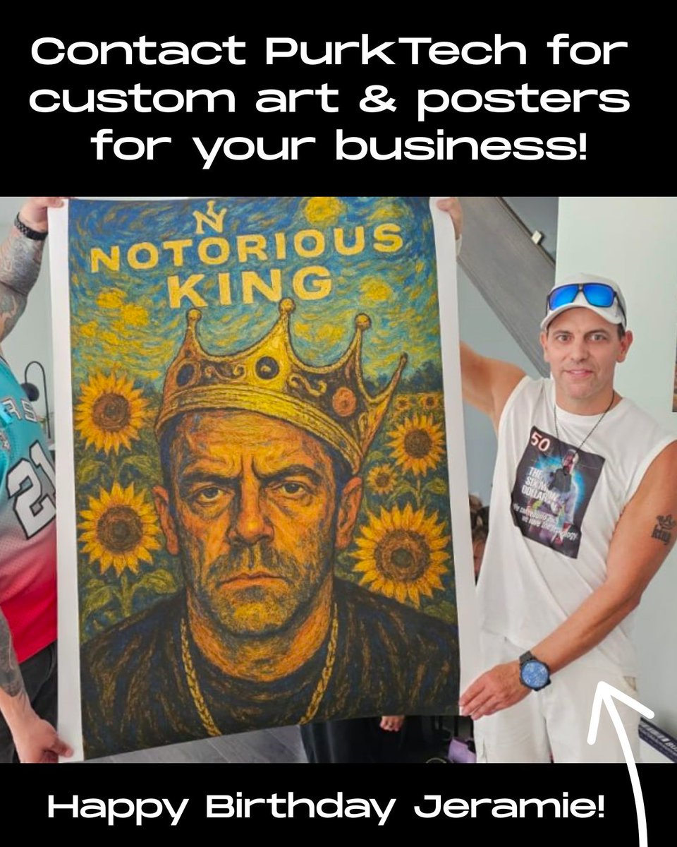 PurkTech's tweet image. Proof that when used right - AI is a beautiful thing. 🎨✨ For Jeramie's birthday, one of our techies and long time friend, we used AI to blend his face with his favorite icon, Biggie Smalls, in the style of Van Gogh. Got it printed, and safe to say he LOVED the result!! #AI