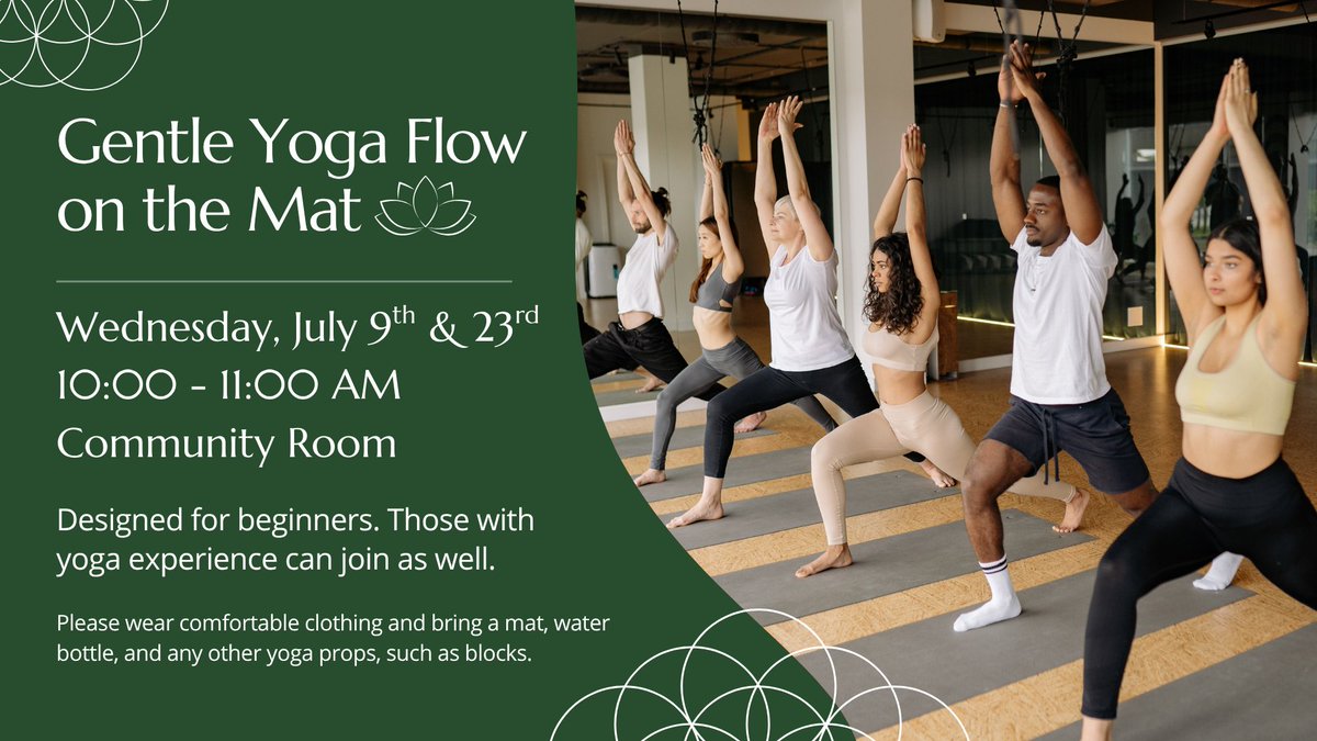 Unroll your mat and flow into gentle yoga that builds strength, flexibility, and balance while calming the mind. 🧘‍♂️

Perfect for all levels - bring your mat, water, and props, and wear comfortable clothes to find your rhythm and ease.
