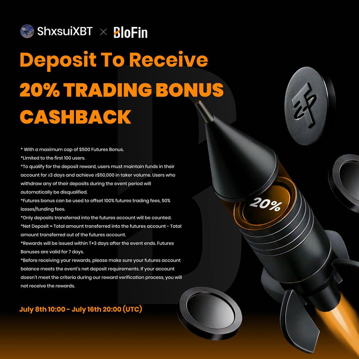 if you wanna join my discord its now your time

deposit a minimum of 500$ to receive an extra 20% cashback + gain access to my all my trades in my cord on top

just dm <a href="/Indraeth_/">Indra</a> with your uid once done

must use my link for it to work

partner.blofin.com/d/shxsuiXBT