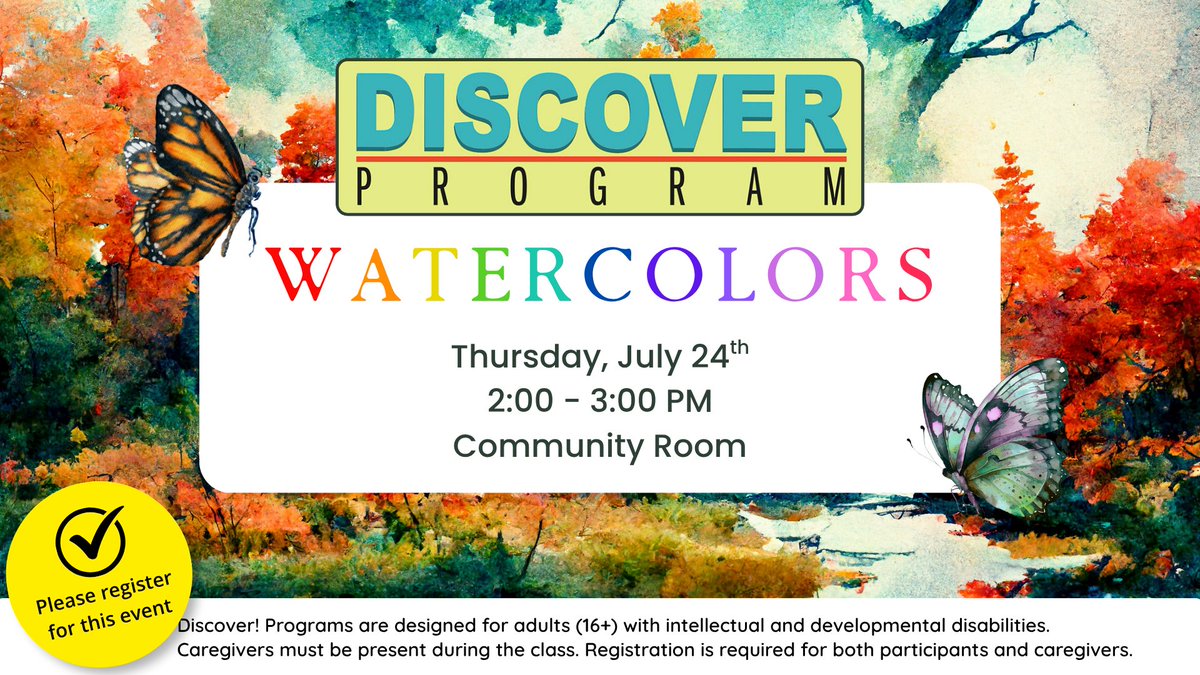 Scott Co. Public Lib (@scottpublib) on Twitter photo Celebrate World Watercolor Month this July with a special art session at Scott County Public Library!
Open to adults (16+) with intellectual and developmental disabilities. Caregivers must register along with participants. Let your creativity flow! š§
scottcounty.librarycalendar.com/event/discover⦠Celebrate World Watercolor Month this July with a special art session at Scott County Public Library!
Open to adults (16+) with intellectual and developmental disabilities. Caregivers must register along with participants. Let your creativity flow! š§
scottcounty.librarycalendar.com/event/discoverā¦