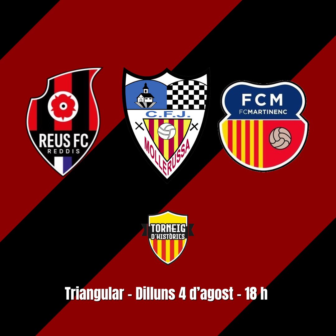 🏆 El <a href="/ReusFCR/">Reus FC Reddis</a> ja té rivals a la 39a edició del Torneig Històrics <a href="/thistorics/">Torneig d'Històrics</a> 

Grup 1️⃣
🆚 <a href="/CFJ_Mollerussa/">CFJ Mollerussa</a> 
🆚 <a href="/martinenc/">FC Martinenc</a> 

📅 Dilluns 4 d’agost

⚔️ Triangular a partir de les 18 h