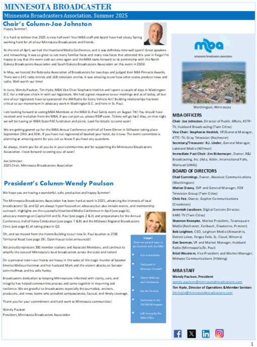 MNBroadcasters's tweet image. Check your inbox today for the Summer Edition of the Minnesota Broadcaster Newsletter!