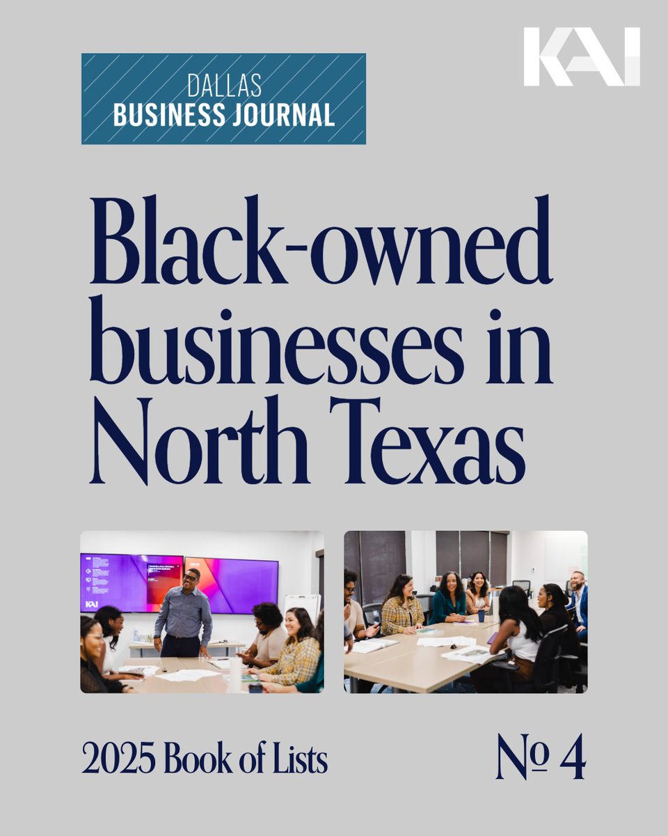 KAIenterprises's tweet image. Big news! 🎉 KAI is proud to be ranked #4 on the @DallasBizNews's Book of Lists of top Black-owned businesses in North Texas. After 25+ years in Texas, we’re just getting started. Stay tuned! 🍾
#TransformingCommunities #NorthTexas #BlackOwnedBusiness
loom.ly/3yv4k7A