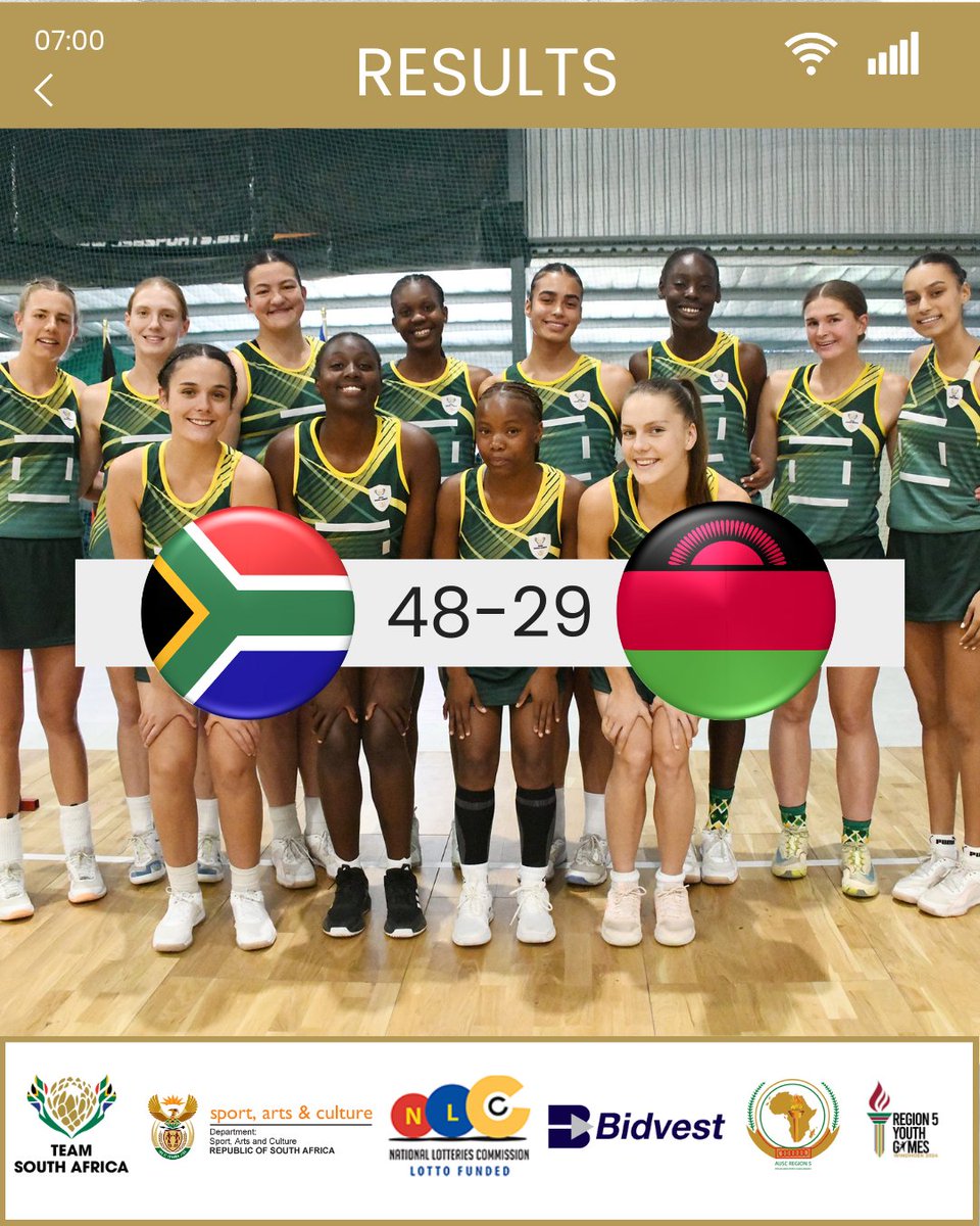 OfficialTeamRSA's tweet photo. 💥 Team South Africa stay unbeaten in Group A!

Our U19s continue their strong run, defeating Malawi 48–29 to finish 3-from-3 and book a spot in the Semi-Finals at the Region 5 Youth Games in Windhoek! 🇿🇦🔥

#TeamSA #ForMyCountry #Region5Games https://t.co/syYzUAxA2s