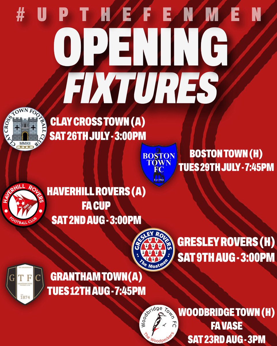 #FIXTURENEWS: Opening fixtures released! 

In the last hour, We have been made aware of our opening UCL fixtures! These are all the fixtures that we know of so far with a trip to Clay Cross Town kicking off the season! 🙌🏻⚽️ 

#UpTheFenmen