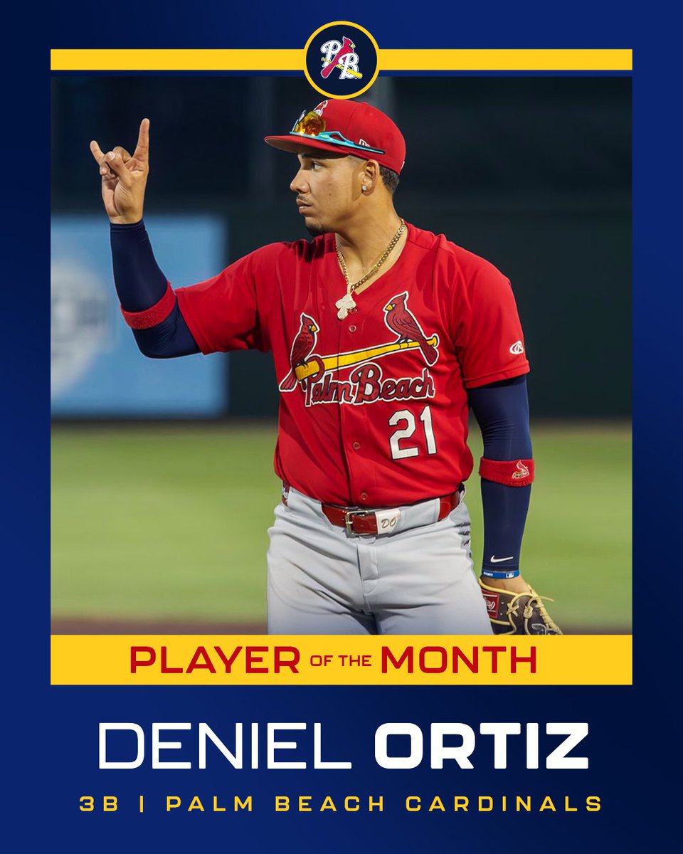 Our Minor League Player of the Month is 3B Deniel Ortiz!

Ortiz, 20, slashed .333/.449/.556 with 11 RBI, 18 R, 10 XBH &amp; 8 SB in 21 games. His 1.005 OPS ranked third among all qualified Cardinals minor leaguers.

His month was highlighted by a 3-for-3, 3 RBI performance with a