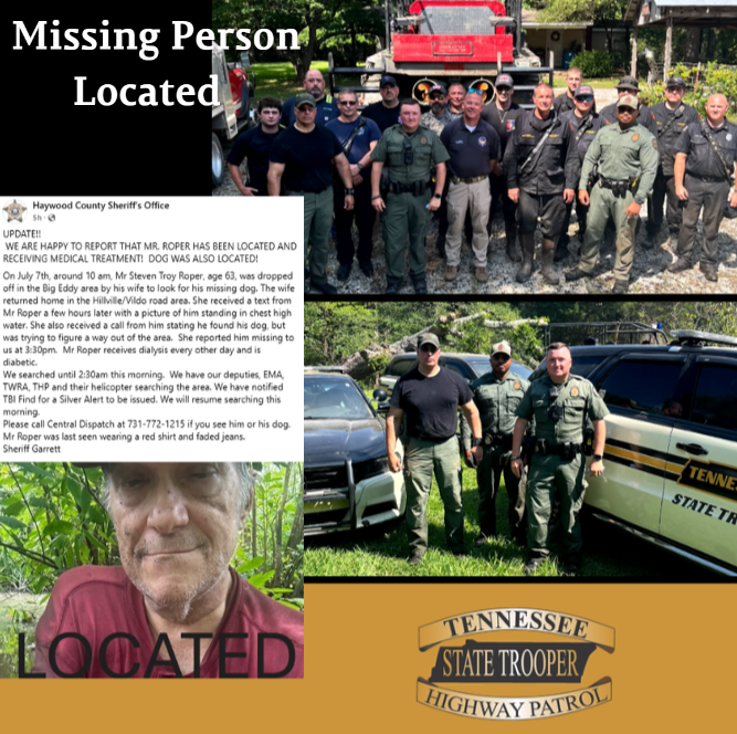 THPMemphis's tweet photo. This morning, @THPMemphis Strike Team Troopers assisted in locating Mr. Steven Roper and his dog, who were reported missing yesterday in Haywood County! https://t.co/nugqYhZZL0