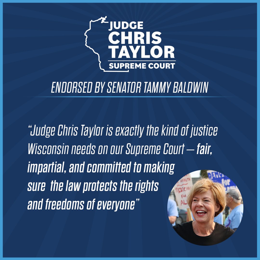 Senator @TammyBaldwin knows Judge Taylor will always fight for our rights and freedoms. That's why she's officially endorsing her in this race.

See our full list of endorsements here: ChrisForJustice.com/endorsements