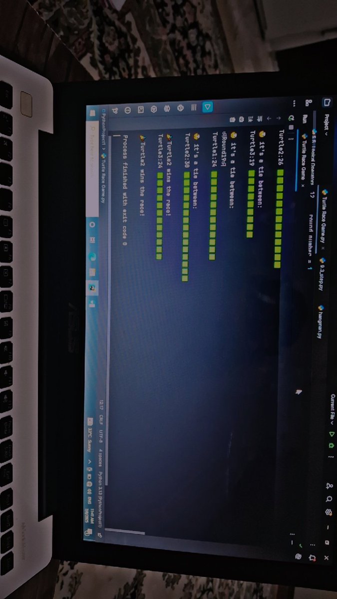 sorayyaRezaei00's tweet image. #Python project: a Turtle Race game!
🎲 Racers move randomly each round
🏁 First to cross the finish line wins @a_daneshyar @CodeToInspire @f_forough #Coding #afghanGirlCode #programming