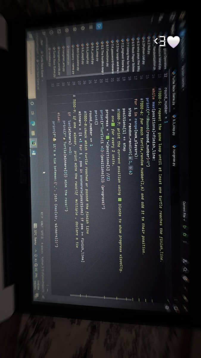 sorayyaRezaei00's tweet image. #Python project: a Turtle Race game!
🎲 Racers move randomly each round
🏁 First to cross the finish line wins @a_daneshyar @CodeToInspire @f_forough #Coding #afghanGirlCode #programming
