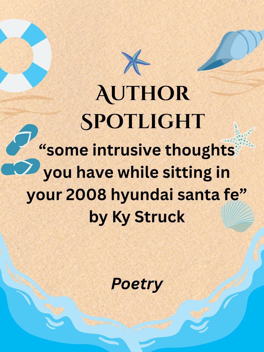 Resuming our author spotlights!
Author Spotlight #6: Ky Struck and her prose poem, "some intrusive thoughts you have while sitting in your 2008 hyundai santa fe.”
Read her piece here: flaremagazinecom.wordpress.com/some-intrusive…
.
.
.
#litmags #authorspotlight #poetry #mentalhealth