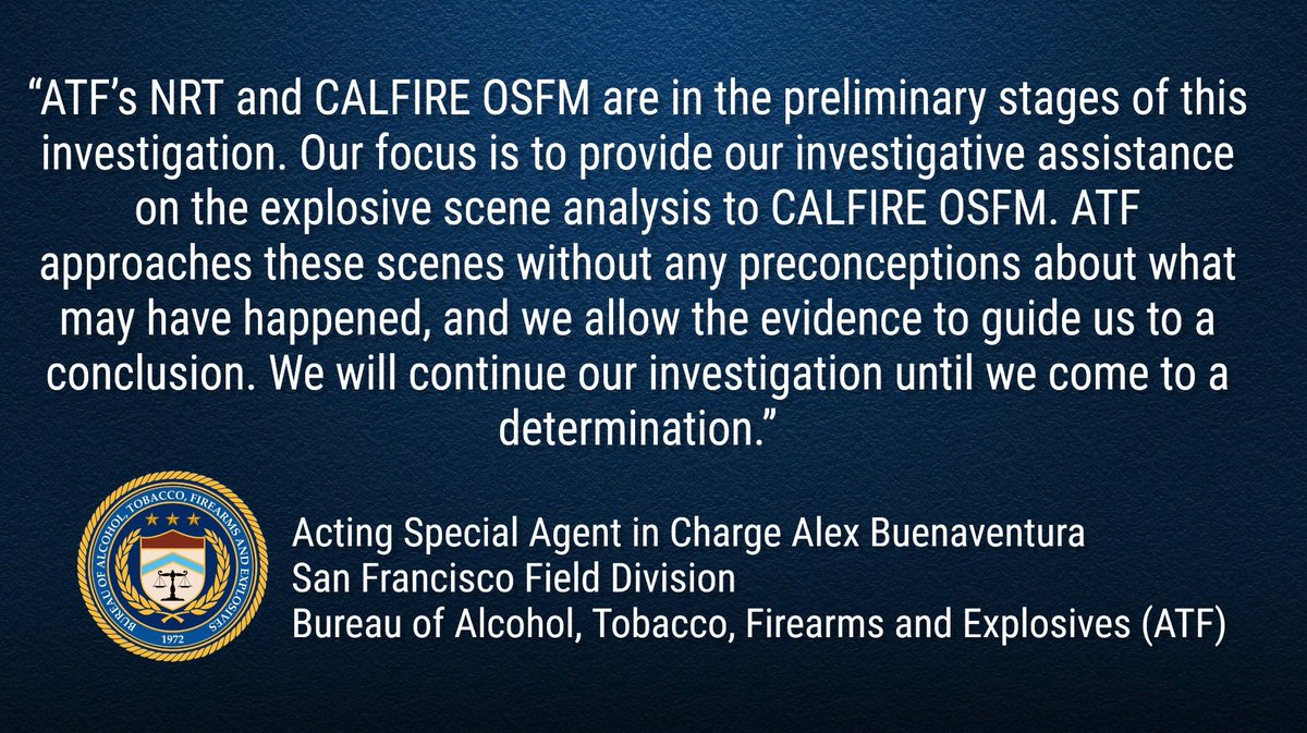 ATFSanFrancisco's tweet image. ATF’s National Response Team arrived at the scene of the Esparto Explosion on Friday, July 4th to provide investigative assistance to CALFIRE OSFM. The team & members of @ATFSanFrancisco continue to work alongside CALFIRE OSFM to determine the origin & cause of the explosion.