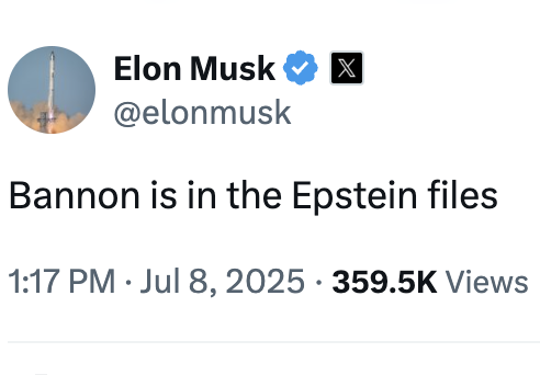 BREAKING:

Steve Bannon is in the Epstein Files...

According to Elon Musk.