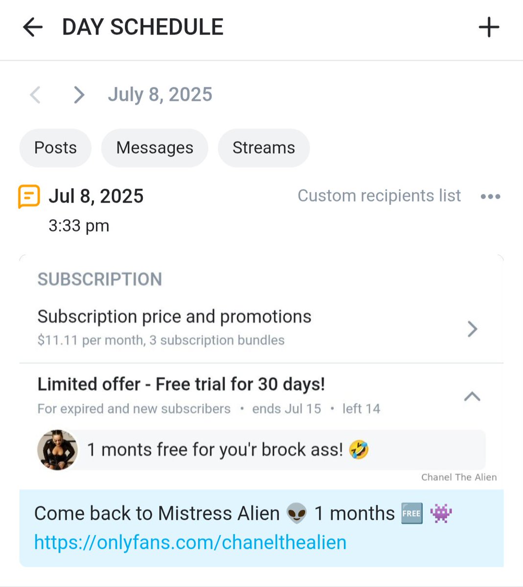 14 🆓 spots left! 😈 Hurry up!!
onlyfans.com/chanelthealien
