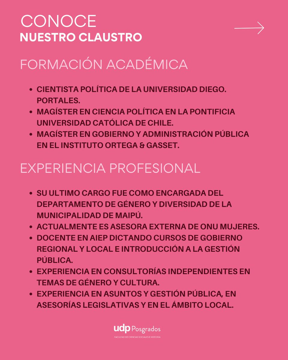 Posgr_fcsh_UDP's tweet image. 👩🏫 Conoce a Nicol Garrido, profesora del Diplomado en Políticas Públicas para el Desarrollo Territorial UDP. Imparte el curso sobre enfoque de género y su incorporación en la gestión pública local.
📅 Postula al 31 de agosto. t.ly/Ecbyk