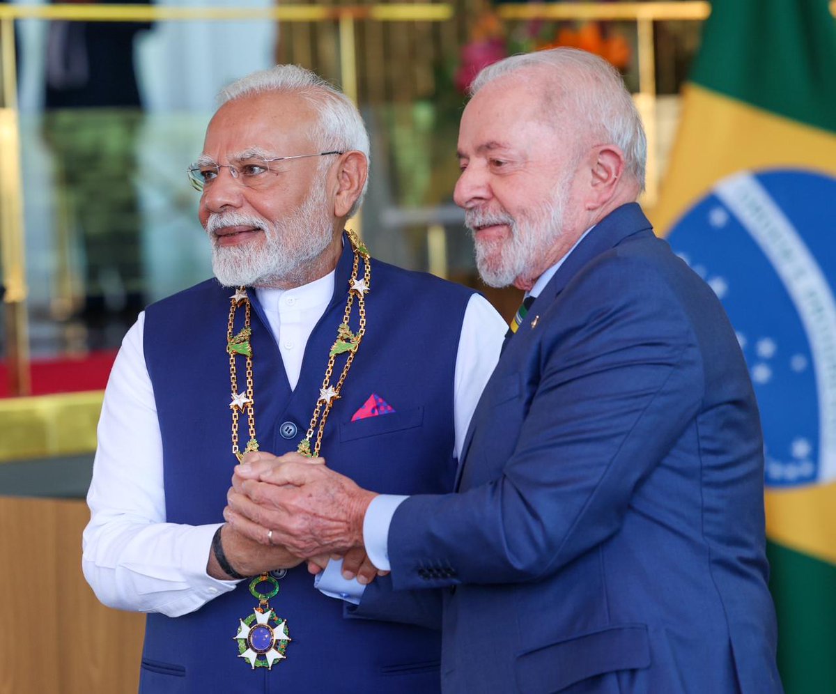 PM <a href="/narendramodi/">Narendra Modi</a> has been conferred with 'The Grand Collar of the National Order of the Southern Cross,' Brazil's highest honour. It was presented to him by President <a href="/LulaOficial/">Lula</a>.