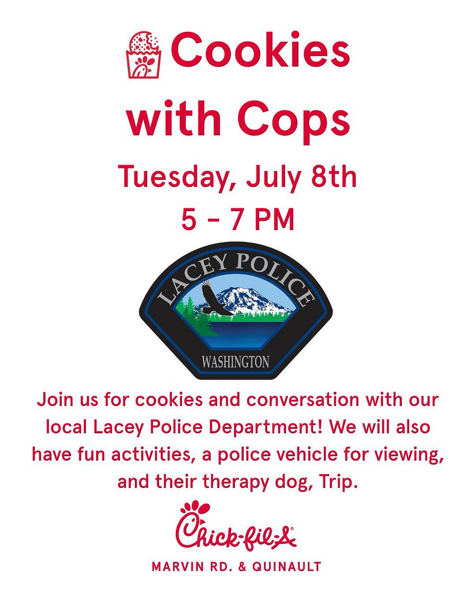 We can’t wait to see you TONIGHT 7/8 from 5-7PM at <a href="/cfalacey/">Chick-fil-A Lacey</a> for Cookies With Cops! 🍪😎🚓🐶 Come see us, have a cookie and pet Trip! #CookiesWithCops #Trip #LaceyPD
