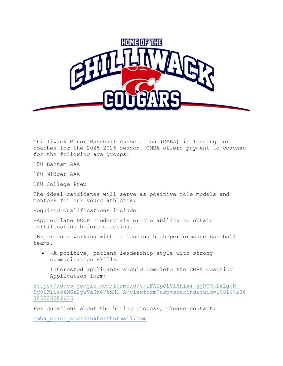 🚨 Coaching Opportunities with Chilliwack Minor Baseball 🚨

Chilliwack Minor Baseball Association (CMBA) is now accepting coaching applications for the 2025-2026 season!

Paid coaching positions are available for:
⚾ 15U Bantam AAA
⚾ 18U Midget AAA
⚾ 18U College Prep

Ideal