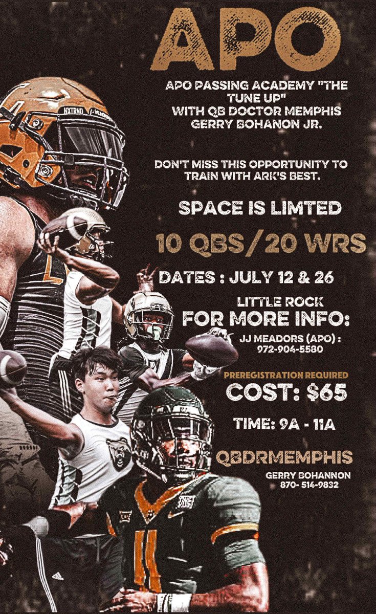 JJ Meadors CSCS (@jaymeadors) on Twitter photo 📍Little Rock
📆Saturday July 12th
We still have a couple of slots Available
☎️972-904-5589!
<a href="/qbdoctormemphis/">qbdoctormemphis</a> <a href="/GerryBohanonJr/">Gerry Bohanon Jr.</a>
<a href="/LukeMatheson/">Luke Matheson</a> <a href="/PrepRedzoneAR/">Prep Redzone Arkansas</a> <a href="/brysonallen1025/">Bryson Allen</a> <a href="/lukewrub/">Luke Wrublesky</a> <a href="/TayshawnEdwards/">Tayshawn Edwards</a> <a href="/CatavionTaylor/">Catavion Taylor</a>
<a href="/TylerGalloway09/">Tyler Galloway</a> <a href="/AronOrgil/">Aron Orgil</a> 📍Little Rock
📆Saturday July 12th
We still have a couple of slots Available
☎️972-904-5589!
<a href="/qbdoctormemphis/">qbdoctormemphis</a> <a href="/GerryBohanonJr/">Gerry Bohanon Jr.</a>
<a href="/LukeMatheson/">Luke Matheson</a> <a href="/PrepRedzoneAR/">Prep Redzone Arkansas</a> <a href="/brysonallen1025/">Bryson Allen</a> <a href="/lukewrub/">Luke Wrublesky</a> <a href="/TayshawnEdwards/">Tayshawn Edwards</a> <a href="/CatavionTaylor/">Catavion Taylor</a>
<a href="/TylerGalloway09/">Tyler Galloway</a> <a href="/AronOrgil/">Aron Orgil</a>