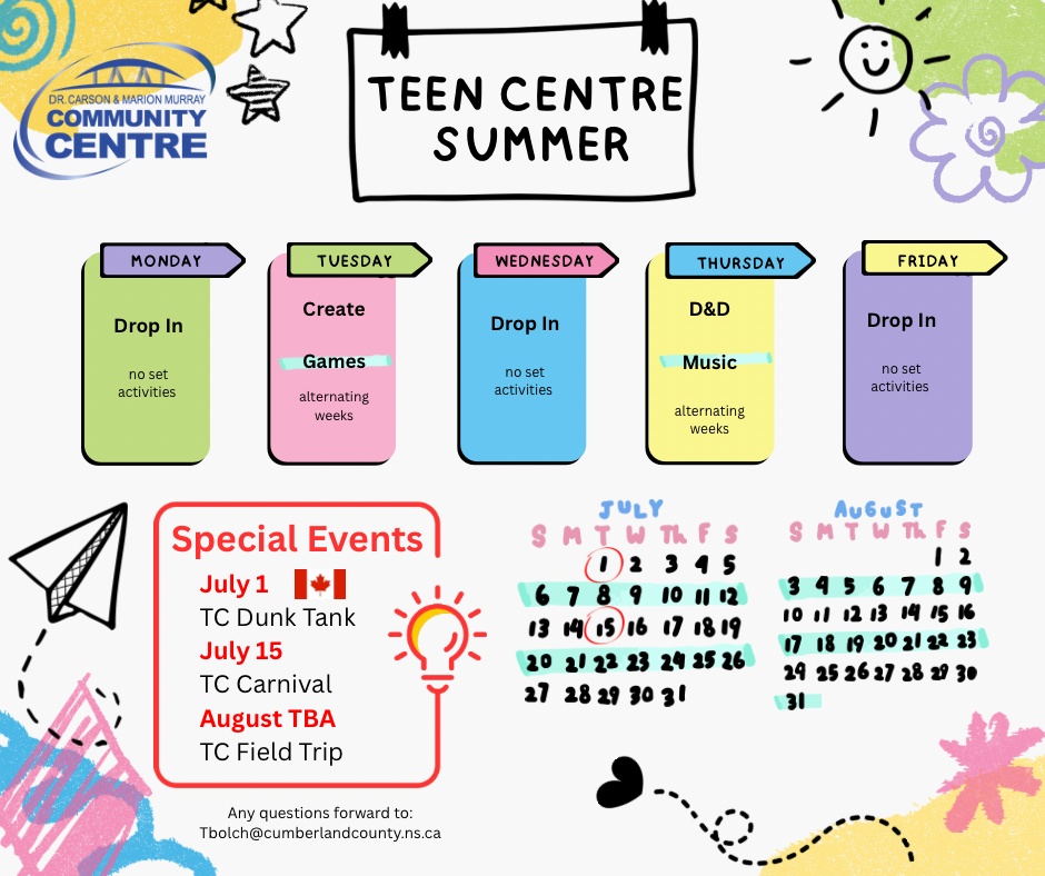 DCMMCC_Cumb's tweet photo. Looking for something to do this summer? The Teen Centre at the Dr. Carson &amp; Marion Murray Community Centre has you covered! From creative Tuesdays to Dungeons &amp; Dragons and music Thursdays, plus weekly drop-in days — there’s always something happening. https://t.co/MnYfZzAuTR