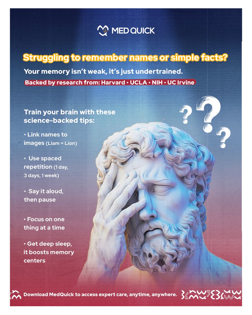 quick8525's tweet photo. 🧠 Forgetting names or facts often?
your brain is overwhelmed, Train it!
هل تنسى الأمور الصغيرة بكثرة؟ درب دماغك لتستعيد قوة الذاكرة.
📲 Get #MedQuick app | حمّل تطبيق #ميدكويك
https://t.co/ag2nWyGowS
#Train_Your_Brain #DigitalWellness #MedicalApp #تطبيق_طبي #صحة_الذاكرة #نمط_صحي https://t.co/RyuhEuLNNn