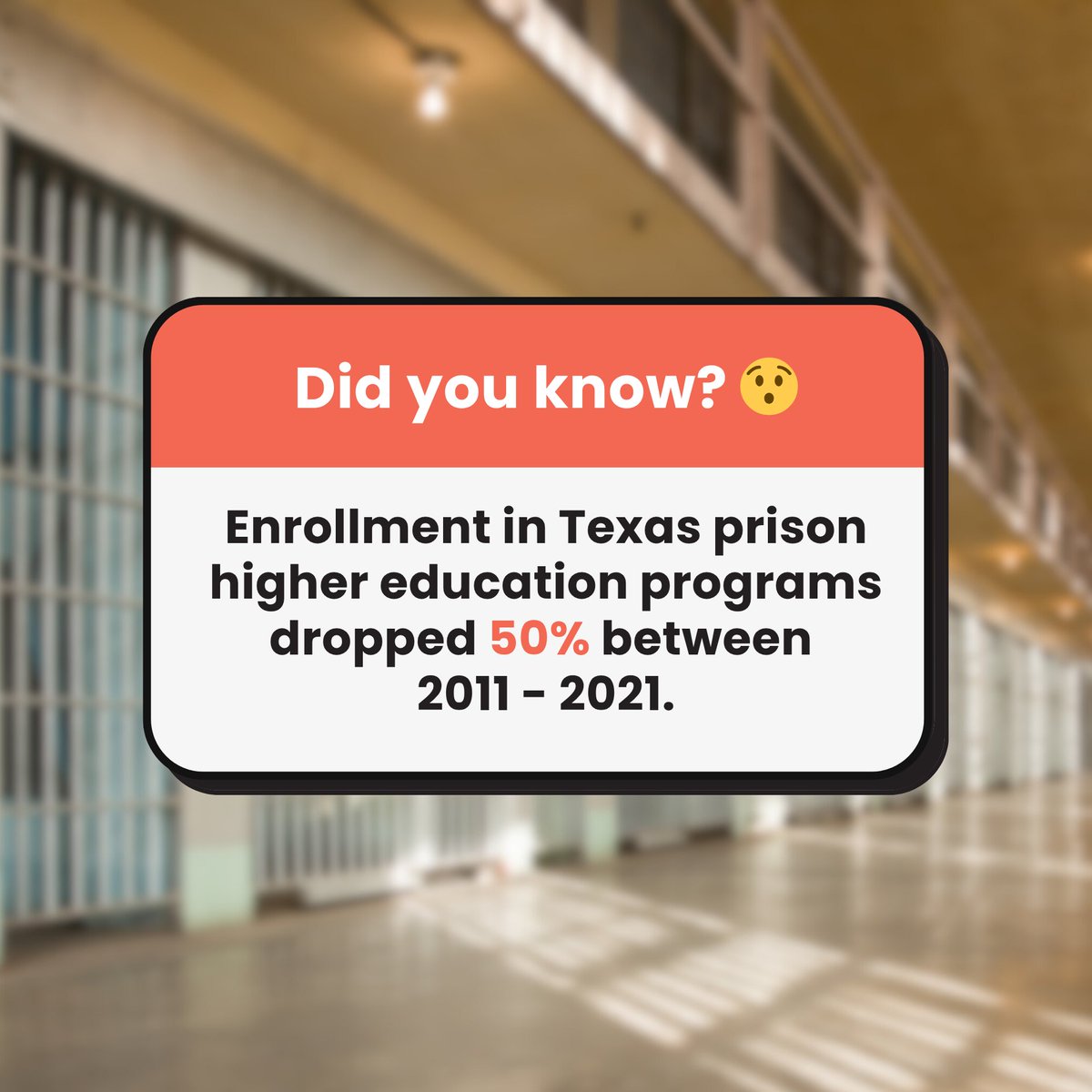 📉 Enrollment in Texas prison higher ed saw a steep decline between 2011 and 2021.

Why this matters ➡️ Prisoners in college-level programs are 41.5% less likely to recidivate.

See how Texas is turning this around: bit.ly/44TadG8