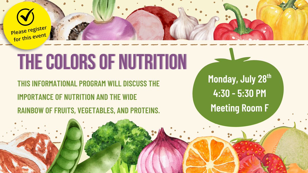 Colors on your plate do more than brighten your meal.

Discover how fruits, veggies, and proteins boost immunity, protect the heart, and support vital brain functions. Explore nutrition’s vibrant palette with us. 🌈🥦

Save your spot today: scottcounty.librarycalendar.com/event/colors-n…