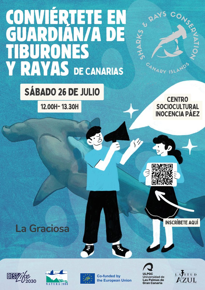🦈 ¡Nuevo taller en La Graciosa!
"Conviértete en Guardián/a de Tiburones y Rayas de Canarias"
📅 Sáb 26 julio | 🕛 12:00-13:30
📍 Centro Inocencia Pérez
🎁 Kit para l@s 20 primer@s
💶 Fianza 5€ (se devuelve si asistes)
📝 Hasta el 19/07 → forms.gle/H8pwe5m2tLdb9r…