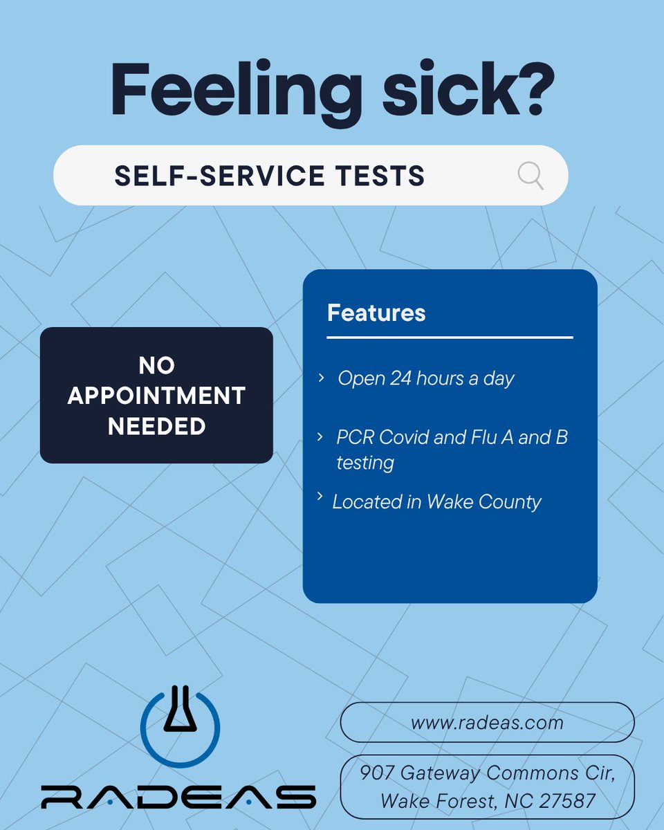 RadeasLabs's tweet image. Our self service testing option is a great resource for those around the triangle looking for PCR testing without a doctor&apos;s appointment.

#radeas #selfservicetesting #covid #flu #wakeforest #noappointmentneeded #wakecounty