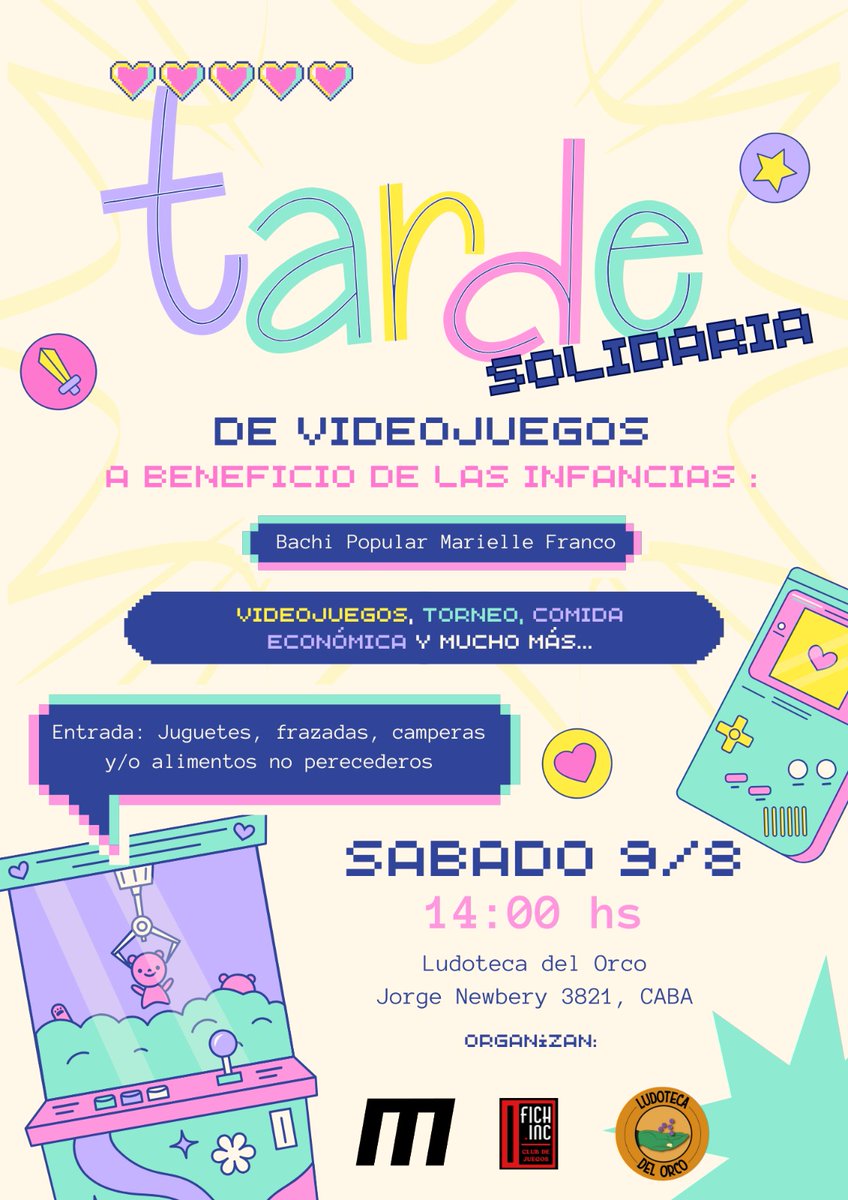 RevistaMecha's tweet image. 🦄Te invitamos al próximo Evento Solidario por las Infancias 🫶
🗓️Sábado 9 de agosto - 14:00 hs
📍Ludoteca del Orco: Jorge Newbery 3821
🎟️Entrada: donación para la Bachi Popular Marielle Franco
Anotate acá: eventbrite.com/e/tarde-de-vid…