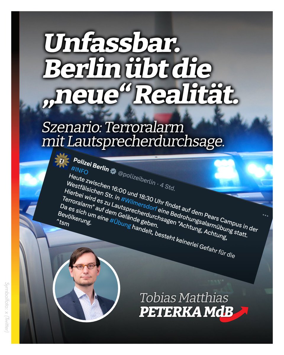 TobiasMPeterka's tweet image. Unfassbar. Berlin übt die „neue Realität“ – mit Lautsprecherdurchsagen: „Achtung, Terroralarm“.
Was früher undenkbar war, wird nun geprobt.
Die Folgen falscher Politik spüren die Bürger – täglich.
