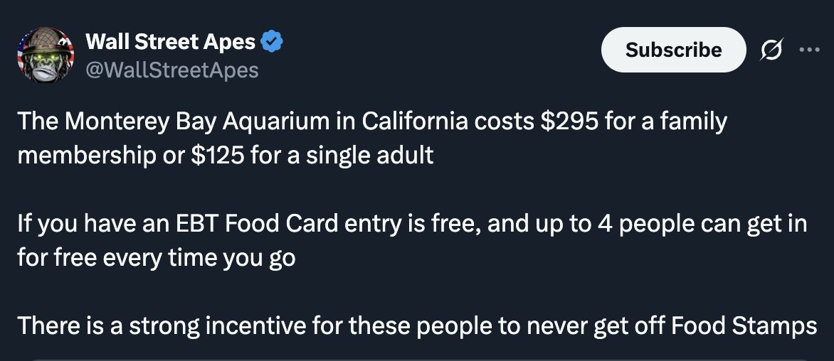 "not getting off food stamps so i can go to the aquarium free for life" is the type of baby-brained shit i visit twitter dot com to see

thank you, "wall street apes"
