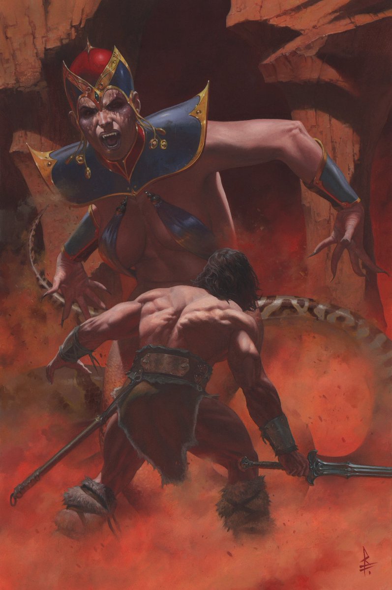 conanbycrom's tweet image. Conan the Barbarian issue #22 hits shops tomorrow!
The Great Serpent's influence twists and turns, pulling Conan into their deadly coils as the Cimmerian and his allies are lured into Stygia... What they find on this journey will make their blood run cold and set the stage for a…