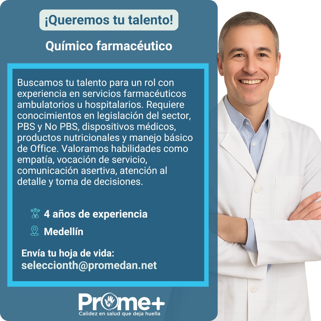👩‍🔬¡Buscamos un #Químico Farmacéutico con experiencia y pasión por el servicio!
Si cuentas con esta formación y  experiencia en servicios farmacéuticos ambulatorios u hospitalarios, ¡esta oportunidad es para ti!
🔁 Comparte o etiqueta a quien le pueda interesar.
#TalentoProme+