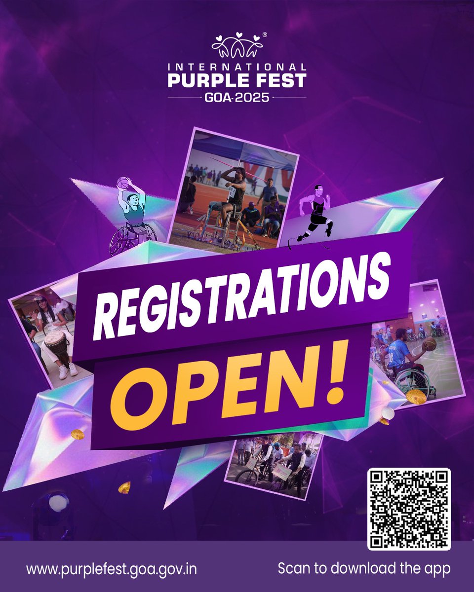This year’s Purple Fest, to be held in collaboration with the United Nations, will celebrate diverse abilities under the theme 'Universal Design'

Register now and be a part of #India’s first-of-its-kind festival to celebrate persons with disabilities

👉 Purplefest.goa.gov.in