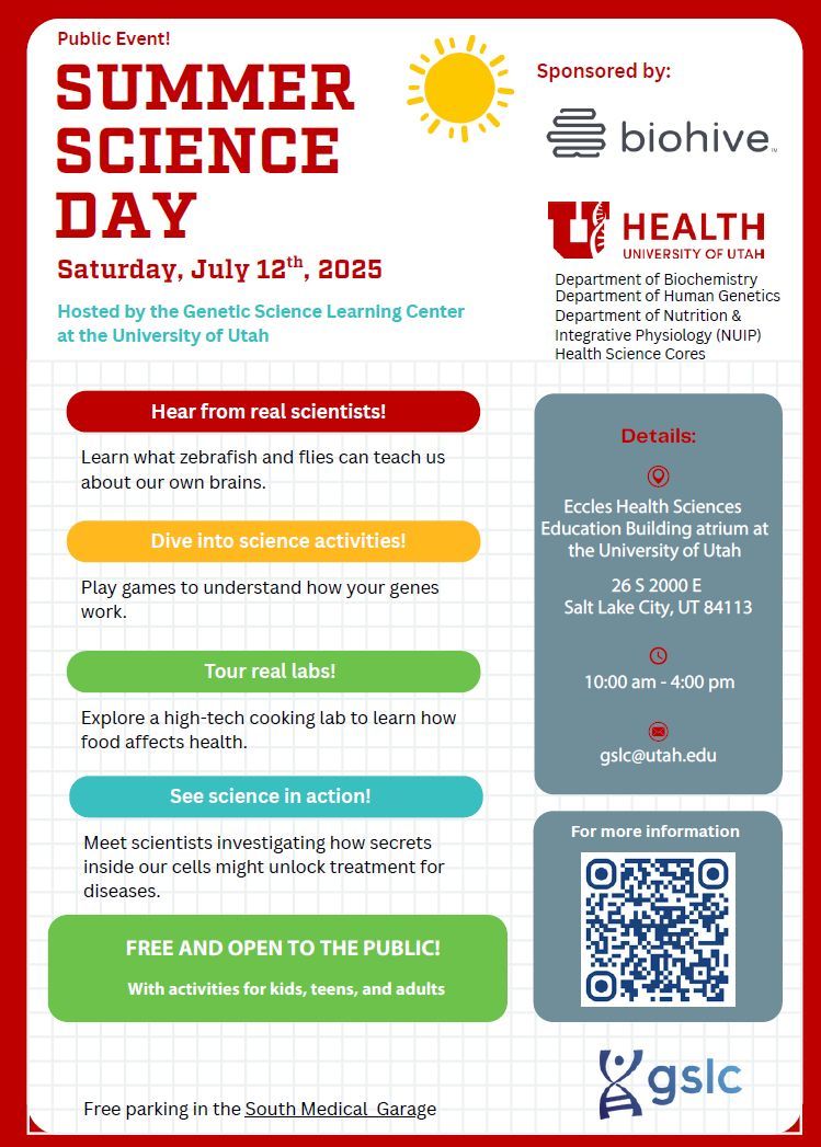 LearnGenetics's tweet image. Does your kid dream of being a doctor? At Summer Science Day, they'll learn about:
- How to start preparing for med school
- How scientists learn about health & disease
- How to dig into the secrets of cells, blood, enzymes, DNA and more!
THIS SAT, 7/12 gslc.utah.edu/summer-science…