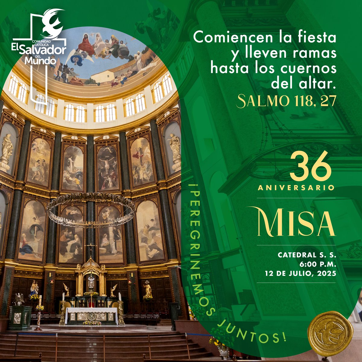 ComunidadCESM's tweet photo. ¡A 4 días de peregrinar juntos hacia Catedral de San Salvador! 🕊💚
Ven y acompáñanos a celebrar el #36Aniversario de nuestra amada Comunidad 🙏
📍Lugar: Catedral Metropolitana de San Salvador
📅Fecha: sábado 12 de Julio
⏰Hora: 6:00 p.m.
#Aniversario36 #LaComu #AñoJubilar https://t.co/sV4uZtogvz