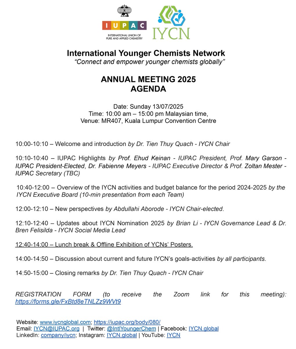IntlYoungerChem's tweet image. 📣 Join us for the IYCN Annual Meeting 2025!
🗓 Date: Sunday, July 13
🕙 Time: 10:00–15:00 (MYT)
📍 Venue: MR407, KL Convention Centre / Online
🌐 Register for Zoom link: forms.gle/FxBtd8eTNLZz9W…
Let’s connect & empower younger chemists globally! 💡🔬
#IYCN2025 #IUPAC