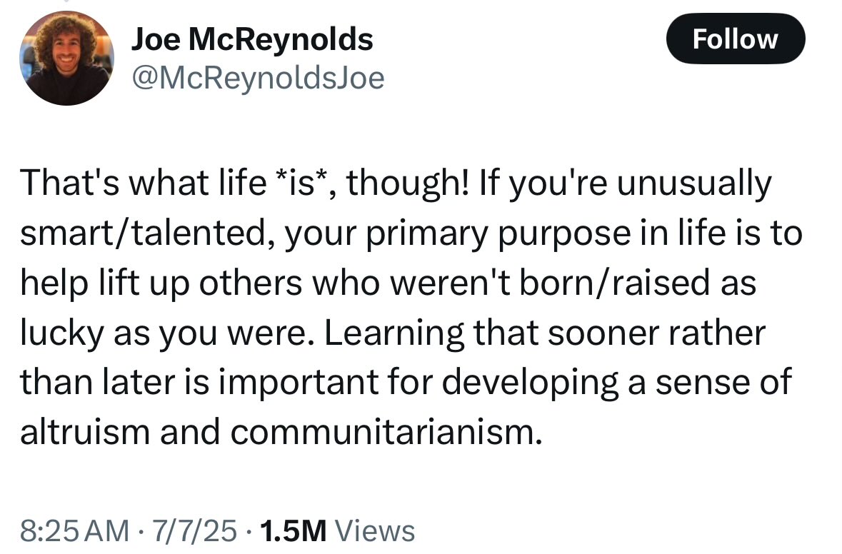 What’s fascinating about this is that 1) it was in the context of children, not adults, and 2) it has no limiting principle.

Within bounds this is either approximately true or true. But as an unlimited principle it is just heresy.