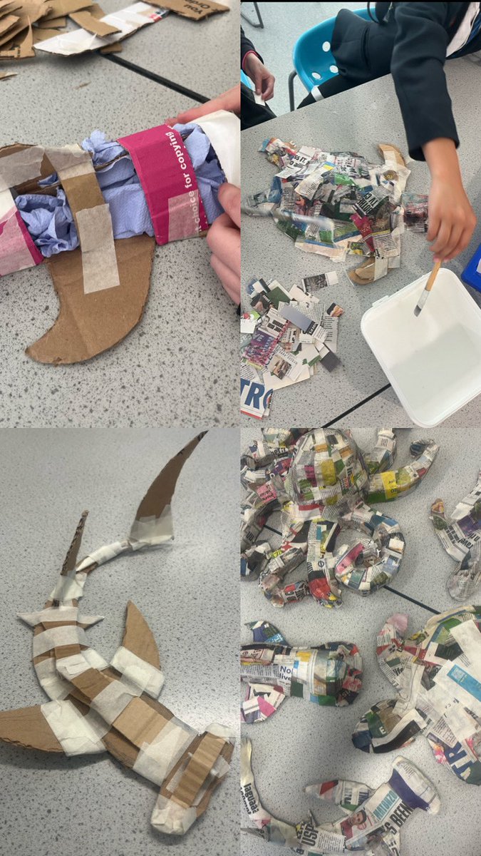 KS3 art club students have been working hard over the past few weeks to create sea creatures using paper mache. They started with a cardboard structure before adding paper mache and then painting their sculptures
