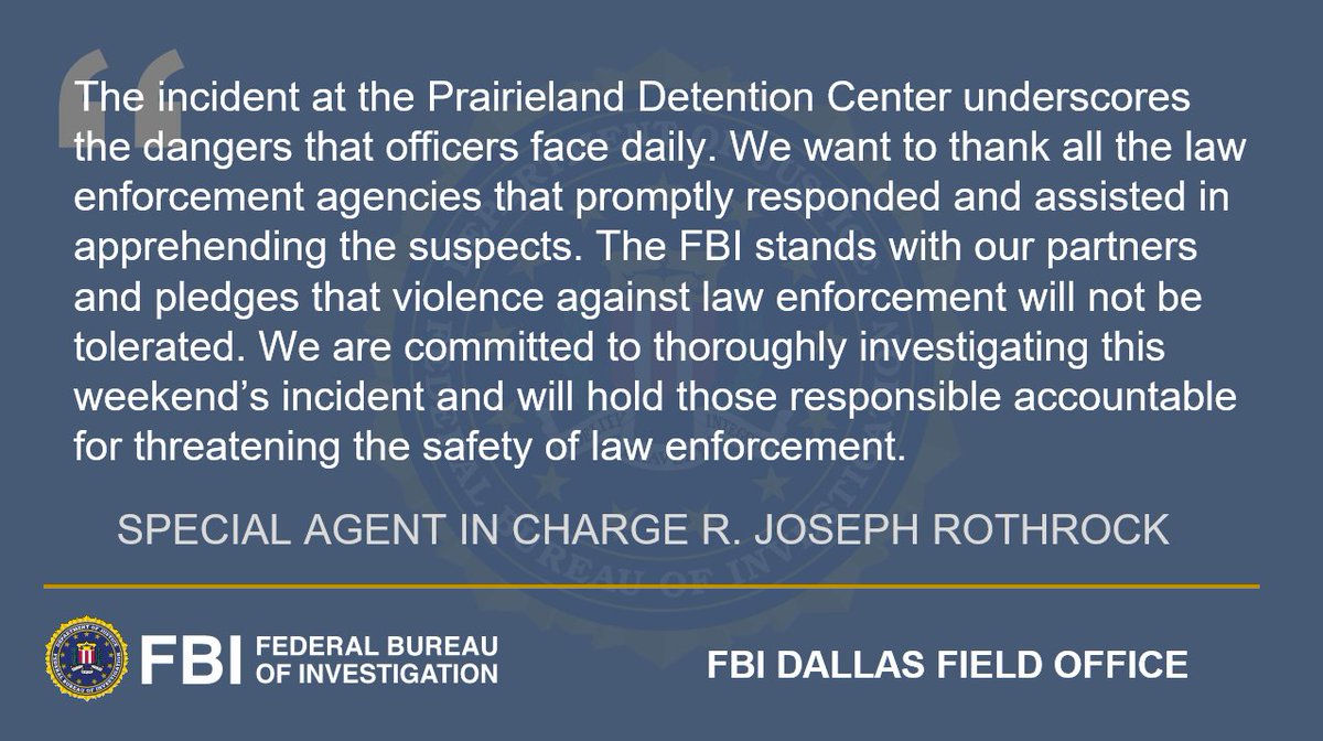 FBIDallas's tweet image. Ten individuals were charged yesterday for their roles in the shooting of an Alvarado police officer at the Prairieland Detention Center. An USAO-NDTX press release details the charges: ow.ly/wx2g50WmxS9