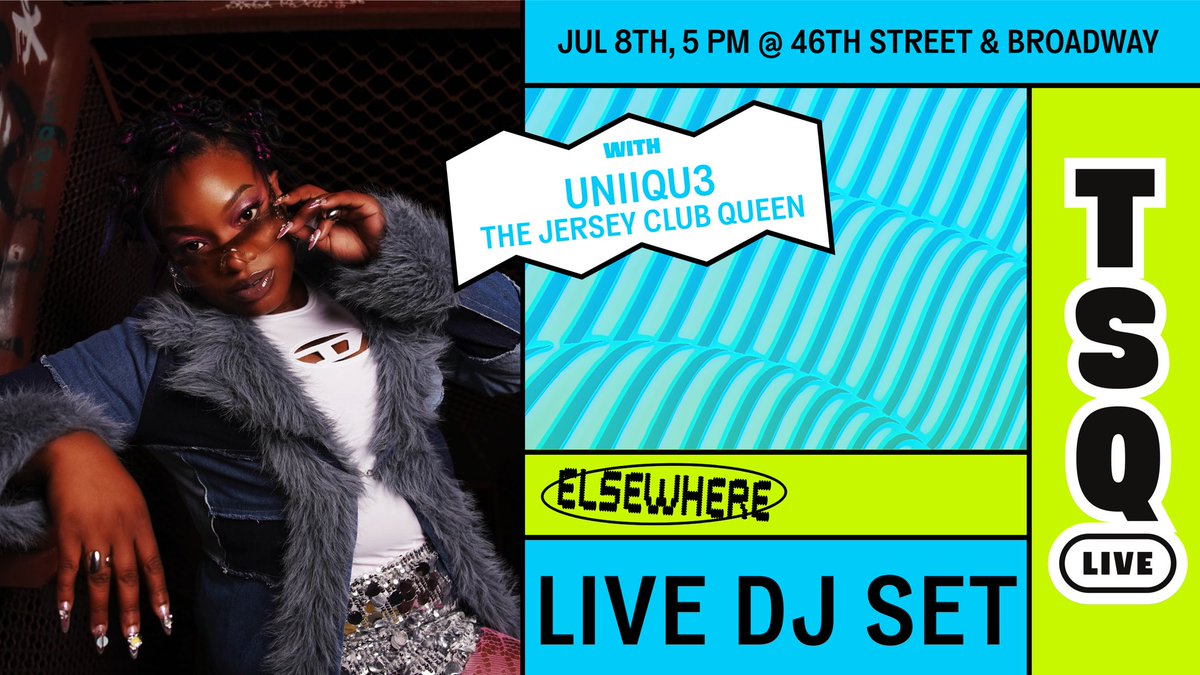 TimesSquareNYC's tweet image. Music sounds better with a DJ! 🎧 Join us for #TSQLive with @UNIIQU3 from @elsewherespace at 5pm on Broadway & 46th Street in Times Square 🌟tsq.org/live
#NYC #TimesSquare #NYCEvents #NYCFreeEvents