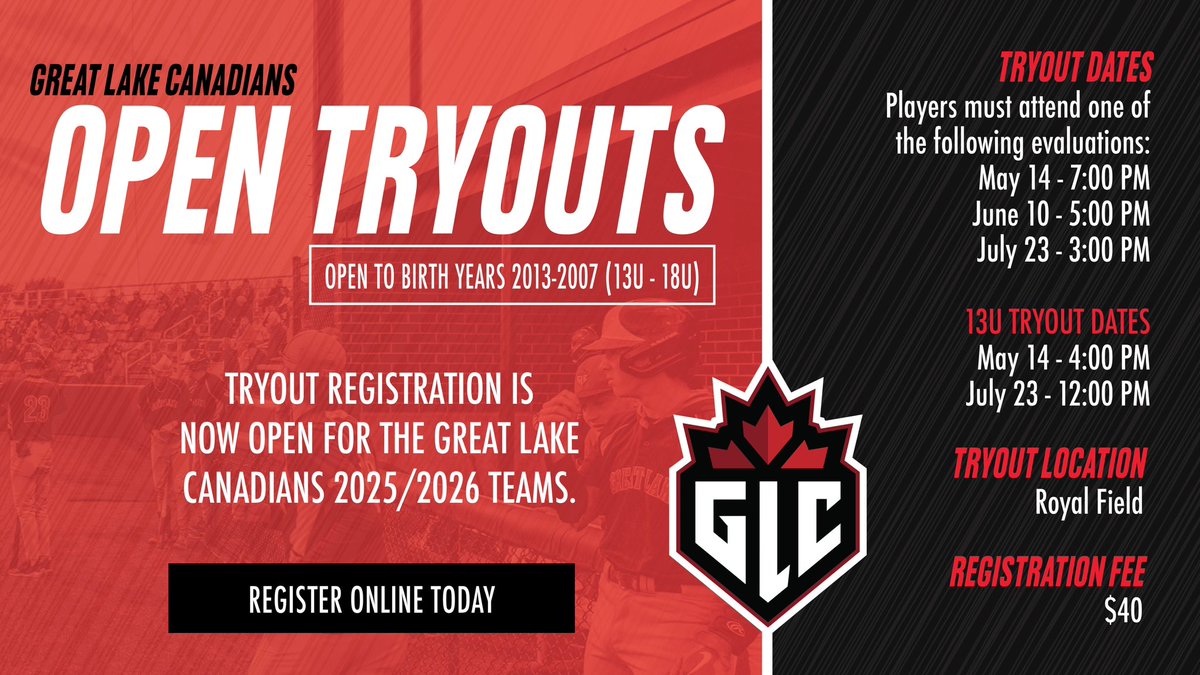 GLCanadians's tweet image. 🍁𝗢𝗣𝗘𝗡 𝗧𝗥𝗬𝗢𝗨𝗧𝗦🍁
Are you a player born between 2007-2013 & looking to join the top development program in 🇨🇦?
July 23rd is our last open tryout day to join GLC for the 2025-2026 baseball season.
If interested, follow the link to sign up.
surl.li/bmzowv